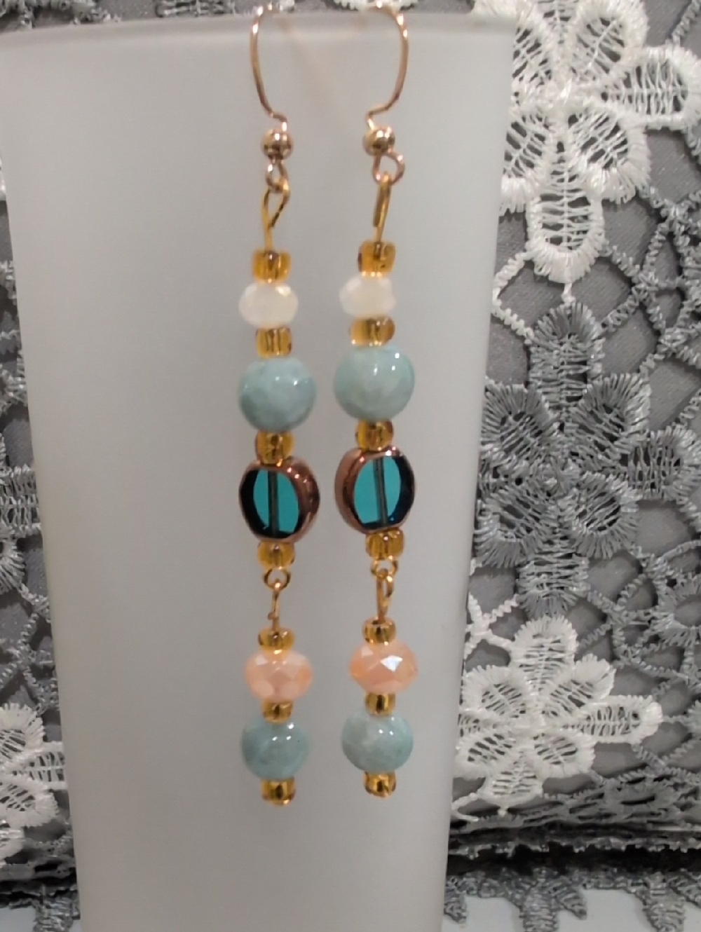 NWOT Handmade Blue and Gold Beaded Dangle Earrings